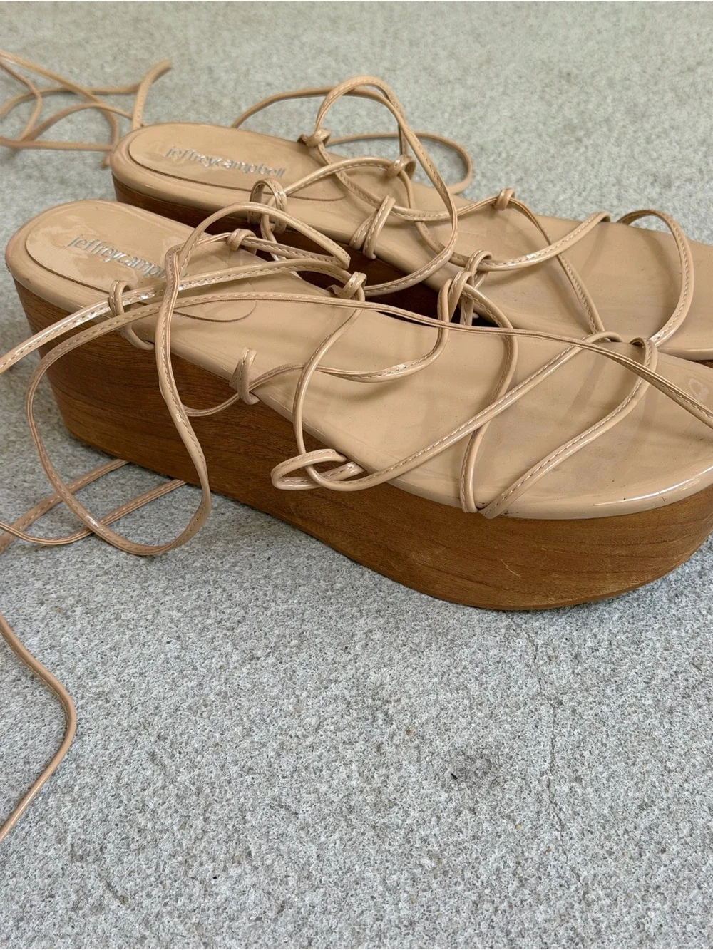 RARE Jeffrey Campbell Nude Patent Lace-Up Platform Wood Block Wedges